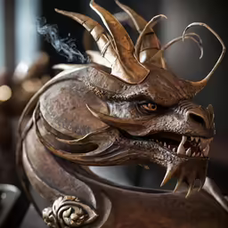 the mask on this dragon sculpture is very intricate