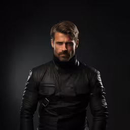 a man in leather standing in a black photo,a man in black leather is standing