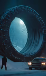 a man stands next to his car in front of the entrance to a large tunnel