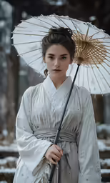 a woman in traditional chinese dress holding an umbrella