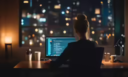 a woman sitting in front of a laptop computer