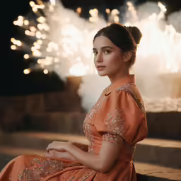 a young woman sits in front of fireworks