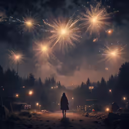 a woman walks towards a fireworks show in the dark