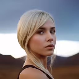 a blond girl is in the desert against the cloudy sky