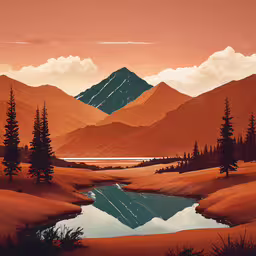 a painting depicting mountains and a lake in the desert,an orange landscape of a mountain range and small lake