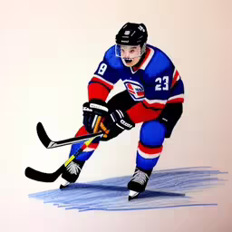 a watercolor drawing of a hockey player on the ice