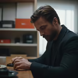 the man in a black shirt is typing on his phone