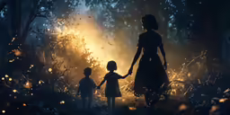 a woman holding the hands of two kids walking in a forest