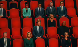 a group of people sitting in front of red chairs