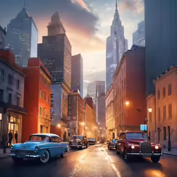 several cars drive down an older city street at night