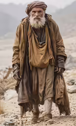 a man in brown clothing and long white beard standing on rocks