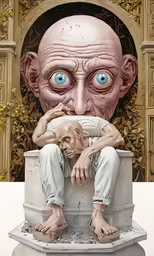 a statue that has an evil look on its face
