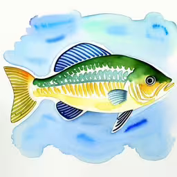 a fish with white and blue stripes in the water,the fish is standing in water with blue and green spots