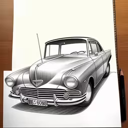 drawing of an old fashioned classic car on paper,a drawing of a car on a paper with a pen