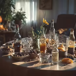 a group of wine glasses and bottles sitting on a round table with various food items