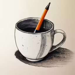 the orange pencil is in the coffee cup