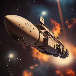 a large space ship flying through a cloudy sky
