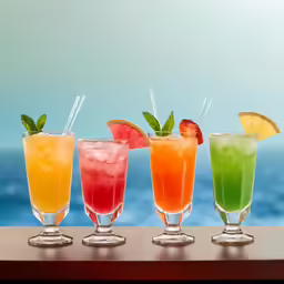 five different drinks lined up in glasses on a wooden table