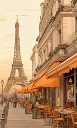 paris cafe and eiffel tower with people walking on the sidewalk