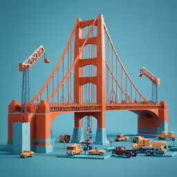 a group of construction trucks sit near a bridge