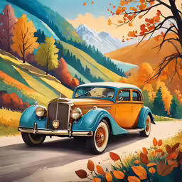 a painting of a blue car driving down a dirt road in front of an orange field and a mountain