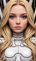 a woman with long blonde hair and silver armor, she is posing