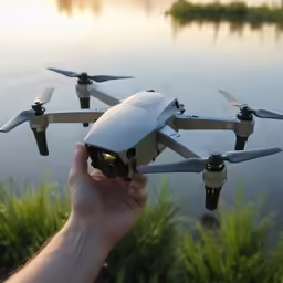 a person is holding up a white flying device