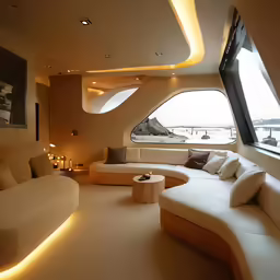 a room with couches, tables, lamps and windows