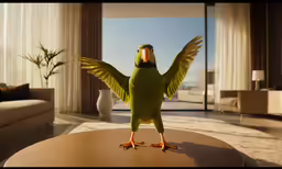 a green bird standing on top of a wooden table