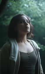 the woman stands in front of a forest
