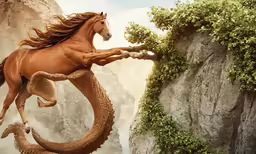 an orange horse in motion leaping over an unpaved mountain