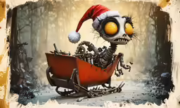 a christmas illustration of a skeleton riding on a sleigh