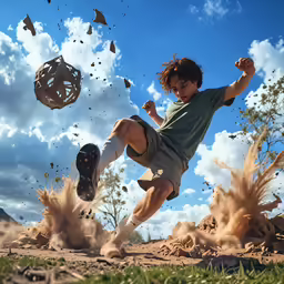 a young man kicking a soccer ball on top of dirt