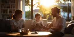 two adults sitting with a young child on a couch