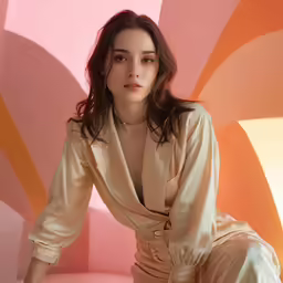 a woman in beige dress on top of a pink and yellow bench