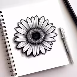 a notebook with a sunflower in the center,a drawing of a sunflower with a black and white linework design