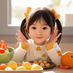an asian girl poses for a photo with fruits and vegetables in bowls