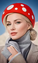 a woman in a grey coat and a red hat