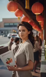 the woman is holding up her book in a street