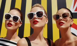 three models wearing white sunglasses and black stripped shirts