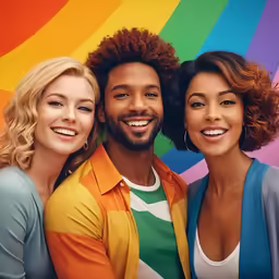 two girls and a man are posing together in front of a rainbow backdrop