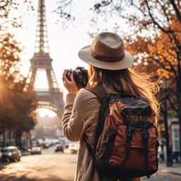the girl with the hat is taking photos in front of the eiffel tower