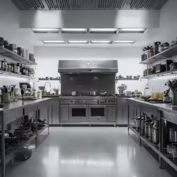 a commercial kitchen with lots of open shelves
