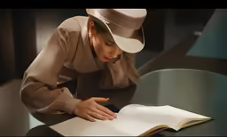 the woman is crouched down with her book