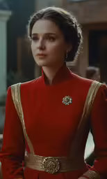the woman in red is dressed in a golden dress