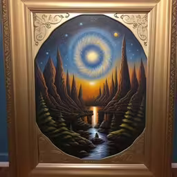 a painting of a mountain and river with a circular shape,a painting is hanging in a gold frame