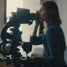 a young woman leaning over and recording a movie