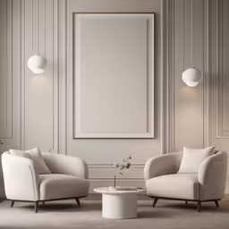 a white living room filled with furniture and a poster