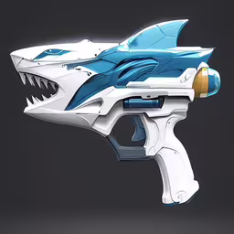 a close up shot of the side view of a blue and white paint job,a close up of a toy gun
