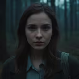 a woman with a backpack looking at the camera